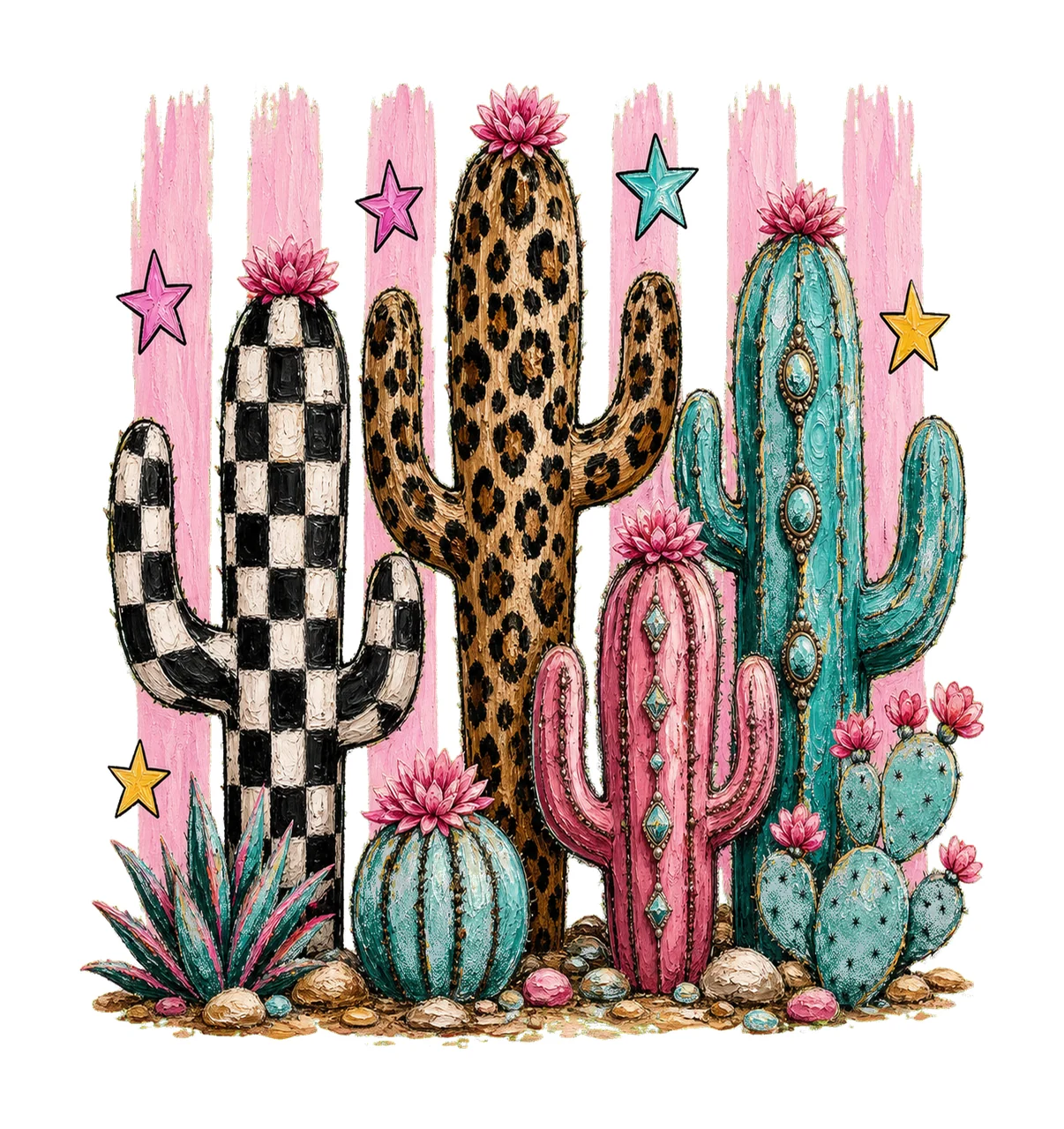 Leopard Checkerboard Western Cactus Faux Oil Variation A