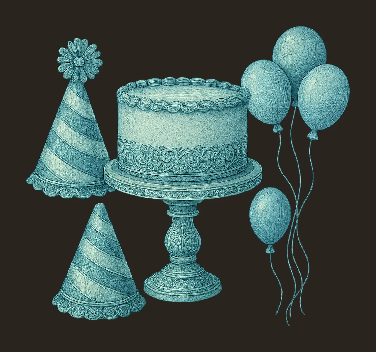 Birthday Boy Blank Cake Balloons Party Hat Hand Drawn contrast preview thumbnail