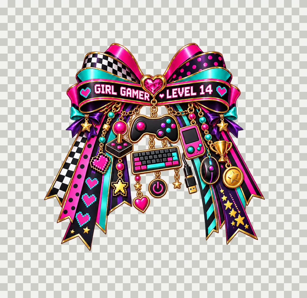 Girl Gamer Level 14 Bow Charm PNG, Patterned Coquette Bow Clipart, Transparent Sublimation Digital Download transparency and detail preview thumbnail