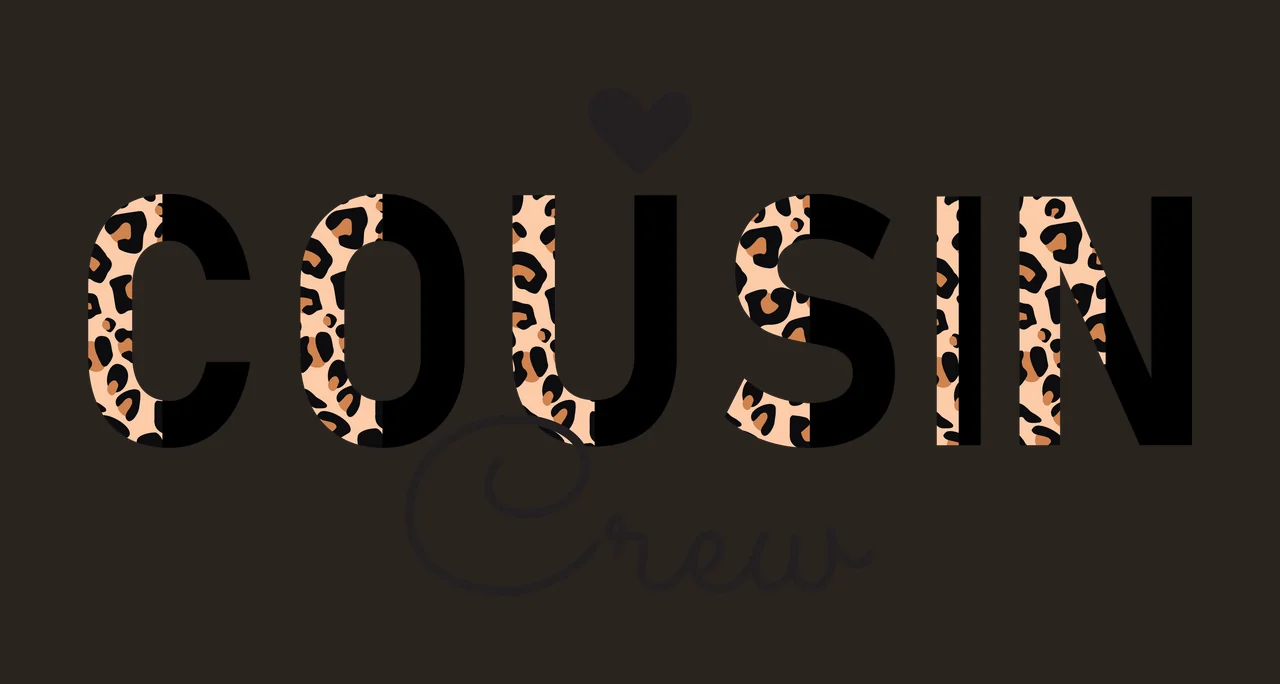 COUSIN Crew Typography Design with black heart, leopard-print letters C O U S I N, cursive 'Crew' and white background in tan and brown contrast preview thumbnail