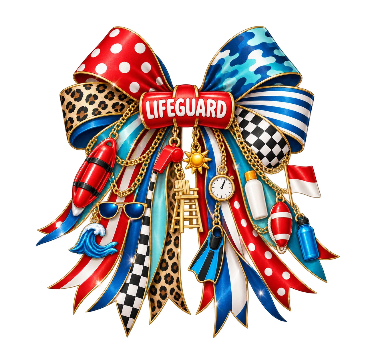 Lifeguard Bow Charm PNG, Gold Chain Charms, Transparent Sublimation Design, Digital Download