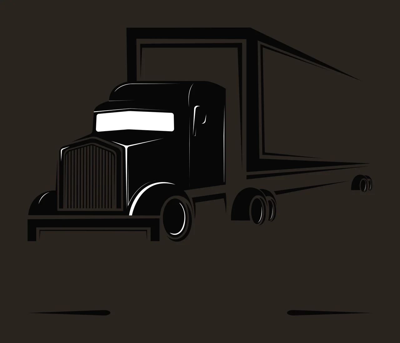 Stylized semi-truck Illustration with black truck cab, vertical grille, box trailer and multiple wheels in white contrast preview thumbnail