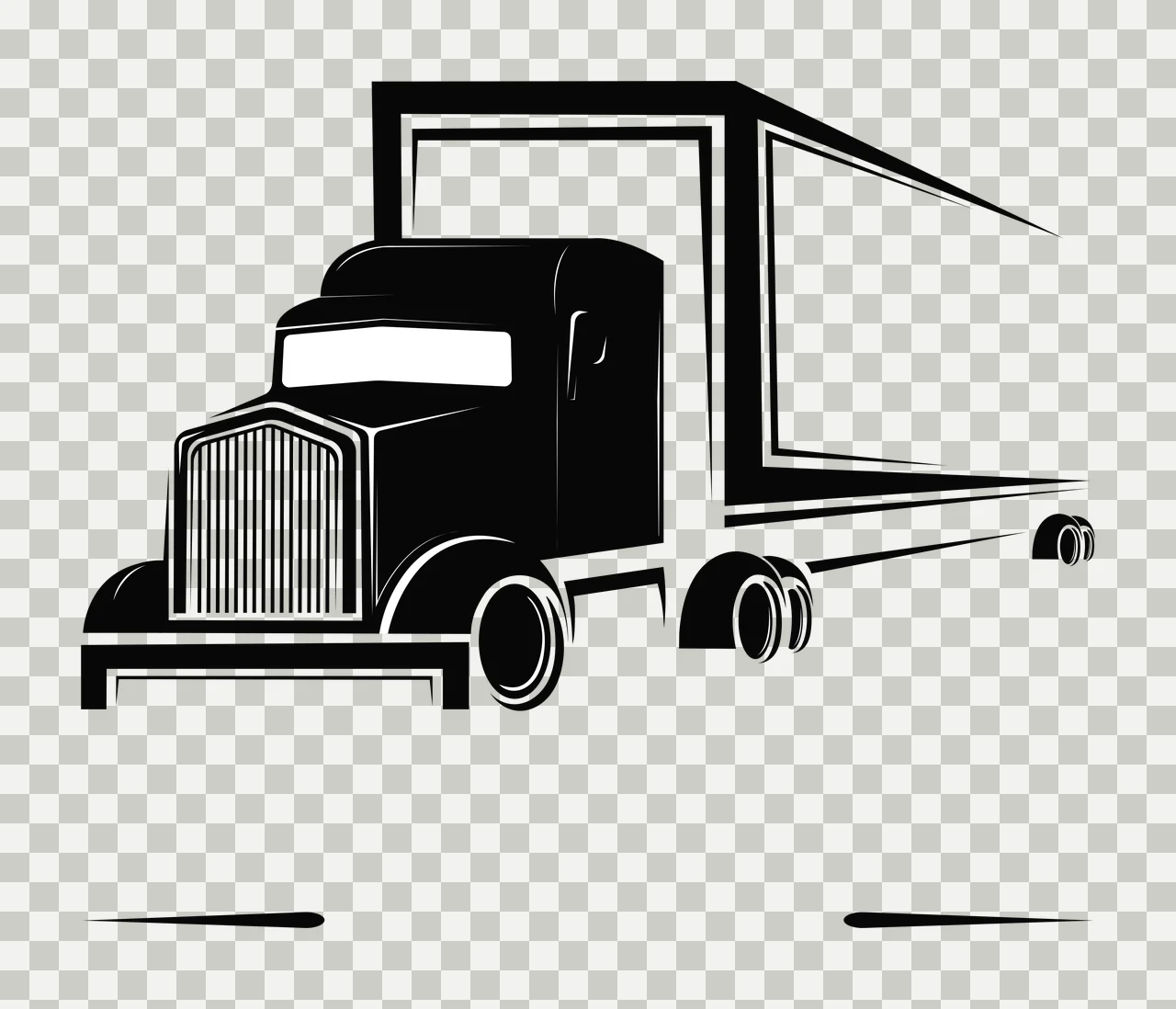 Stylized semi-truck Illustration with black truck cab, vertical grille, box trailer and multiple wheels in white transparency and detail preview thumbnail