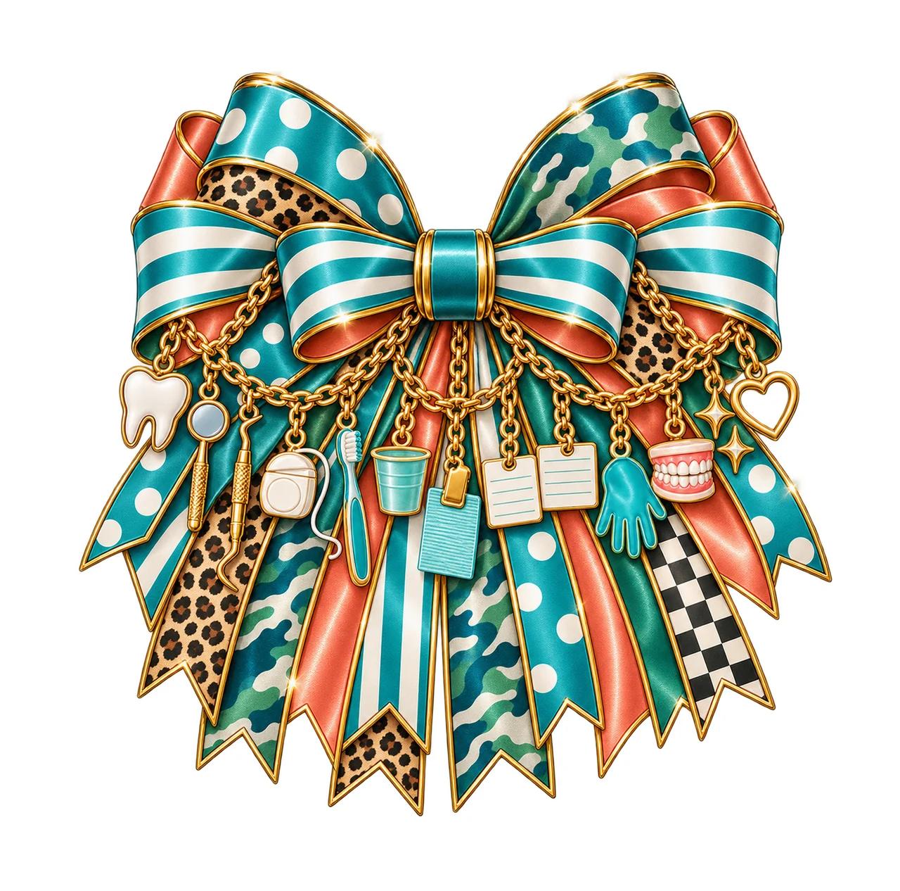 Dental Hygienist Bow Charm PNG, Gold Chain Charms, Transparent Sublimation Design, Digital Download