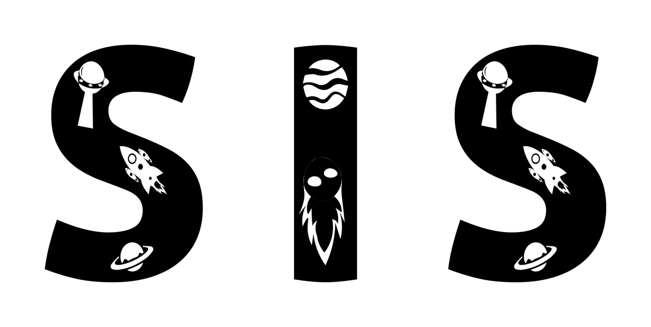 SIS typography with letter S, ufo, rocket ship and ringed planet in black and white
