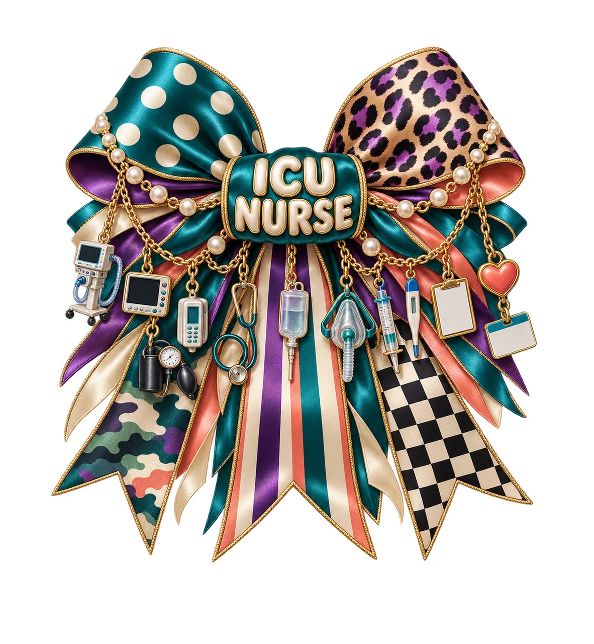 ICU Nurse Bow Charm PNG, Gold Chain Charms, Transparent Sublimation Design, Digital Download