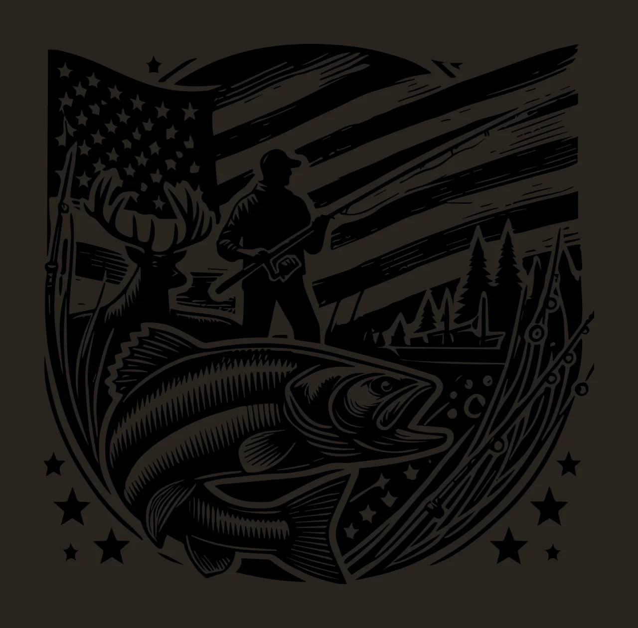 Fishing Fisherman And Fish With American Flag rod stars black white contrast preview thumbnail