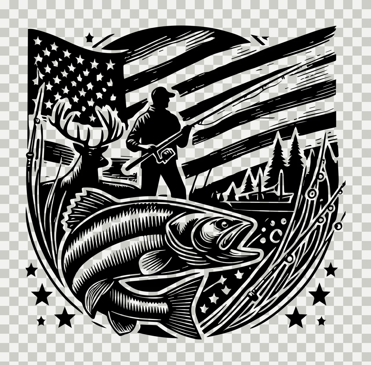 Fishing Fisherman And Fish With American Flag rod stars black white transparency and detail preview thumbnail