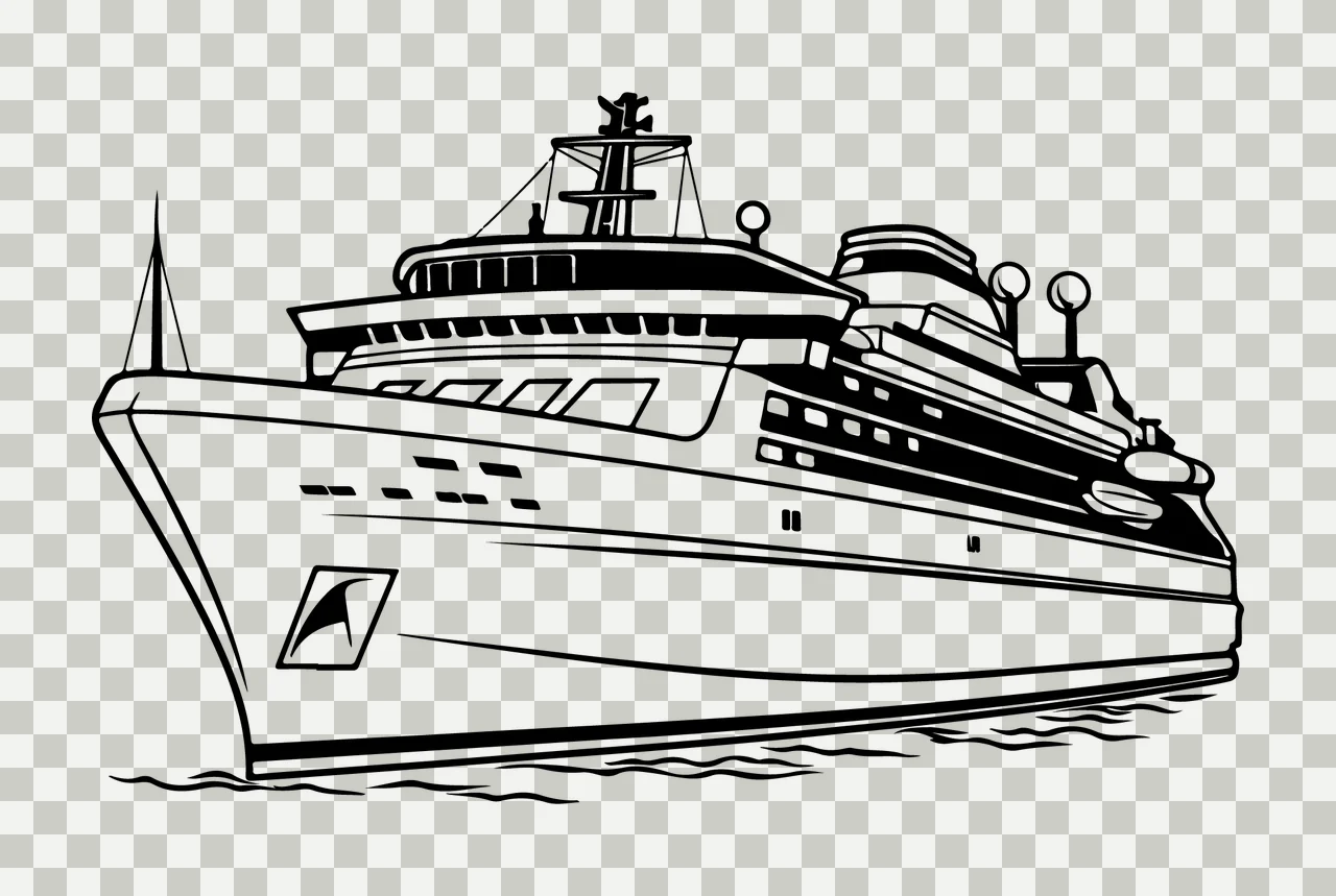 Cruise Ship Line Art Drawing sailing waves antenna black white transparency and detail preview thumbnail