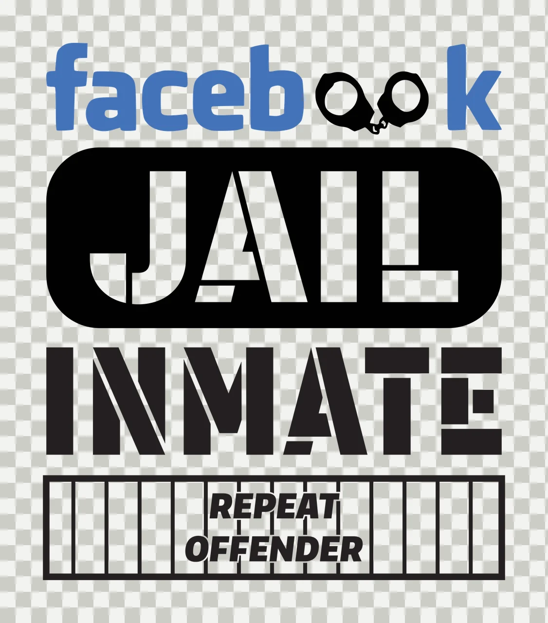 Facebook JAIL INMATE REPEAT OFFENDER Typography Design with handcuffs, jail bars, stencil font and rounded rectangle in blue, black and white transparency and detail preview thumbnail