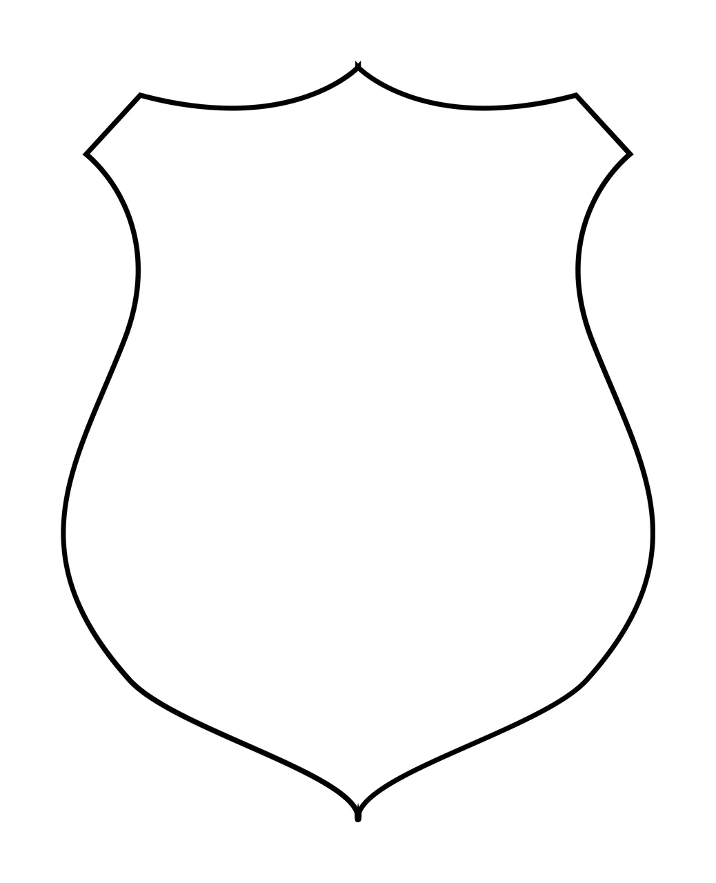 Line Art Illustration of shield outline with black line stroke, blank interior, curved top edge and pointed bottom in white