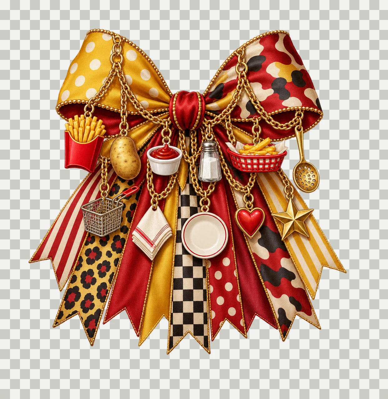 French Fry Lover Bow Charm PNG, Themed Gold Chain Charms, Coquette Ribbon Sublimation Design, Transparent Digital Download transparency and detail preview thumbnail