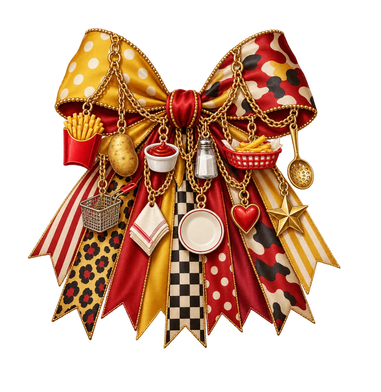 French Fry Lover Bow Charm PNG, Themed Gold Chain Charms, Coquette Ribbon Sublimation Design, Transparent Digital Download