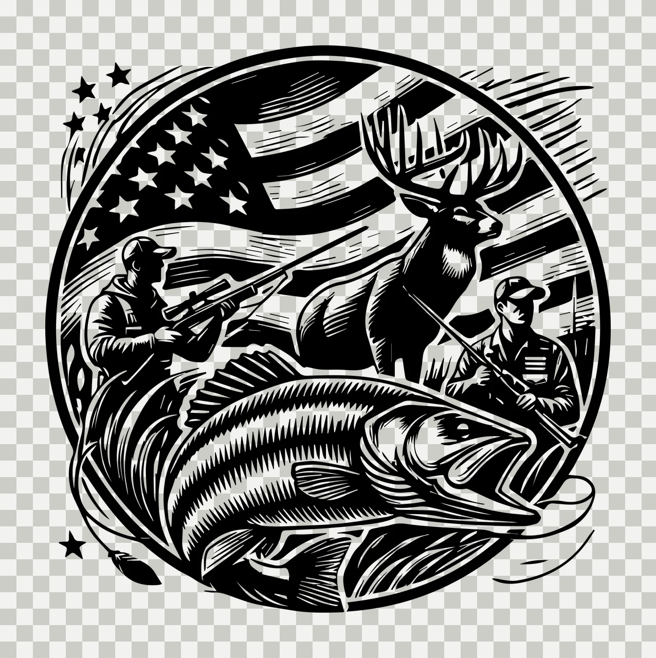 Hunting American Flag Featuring Theme Emblems scene deer fish transparency and detail preview thumbnail