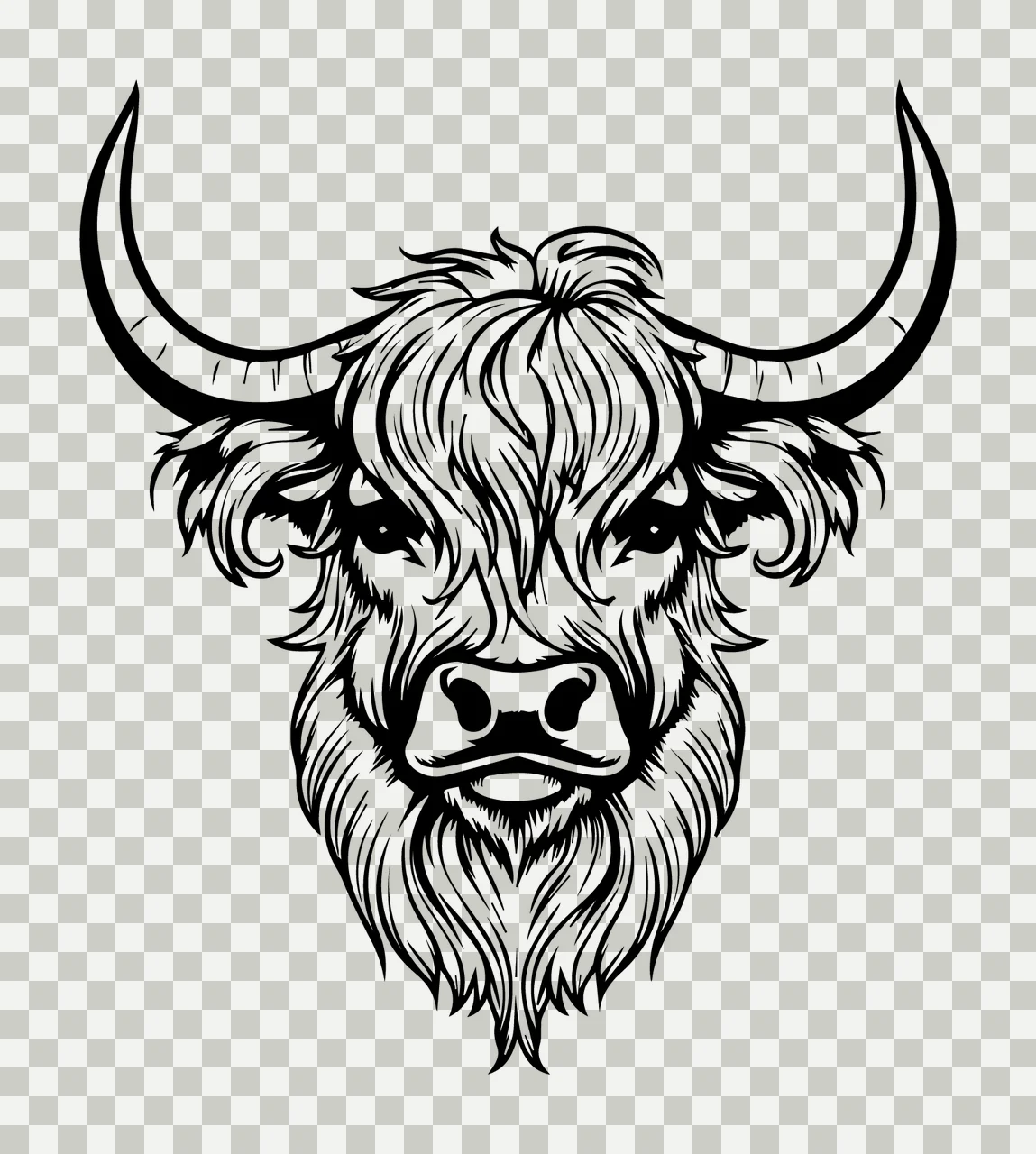 Black And White Bull Head Illustration horns fur eyes nose transparency and detail preview thumbnail