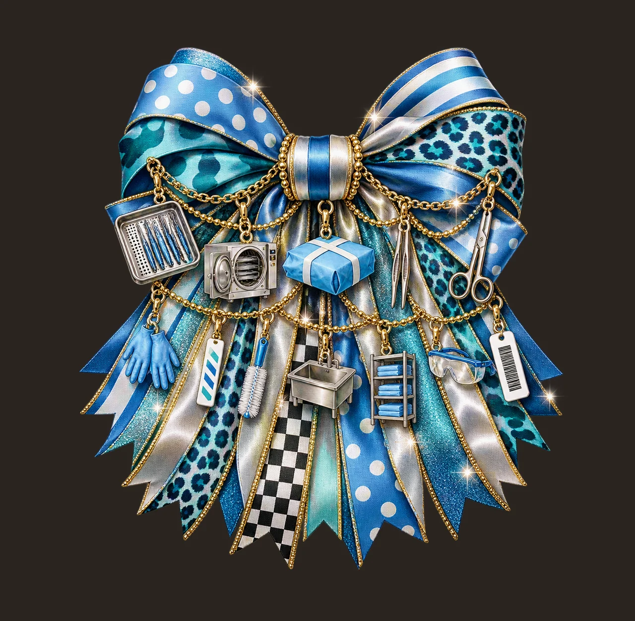 Sterile Processing Technician Bow Charm PNG, Themed Gold Chain Charms, Coquette Ribbon Sublimation Design, Transparent Digital Download contrast preview thumbnail