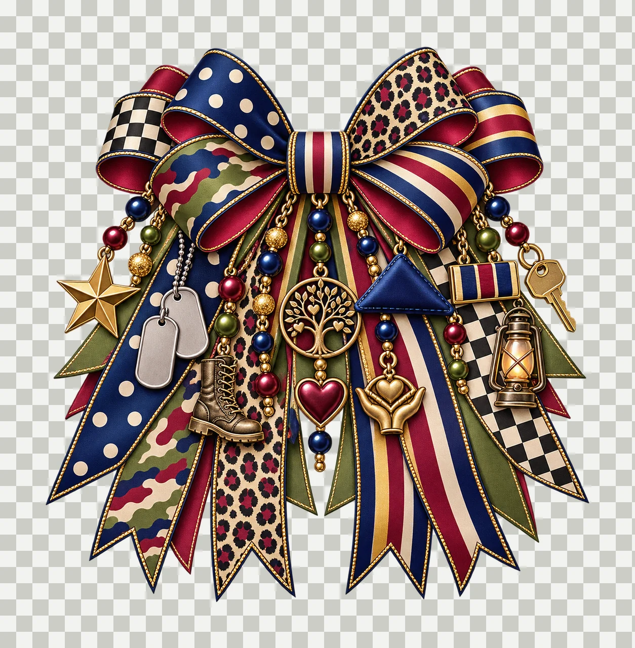 Veteran Family Support Bow Charm PNG, Boots Dog Tags Star and Heart Charms, Appreciation Sublimation Design, Transparent Download transparency and detail preview thumbnail