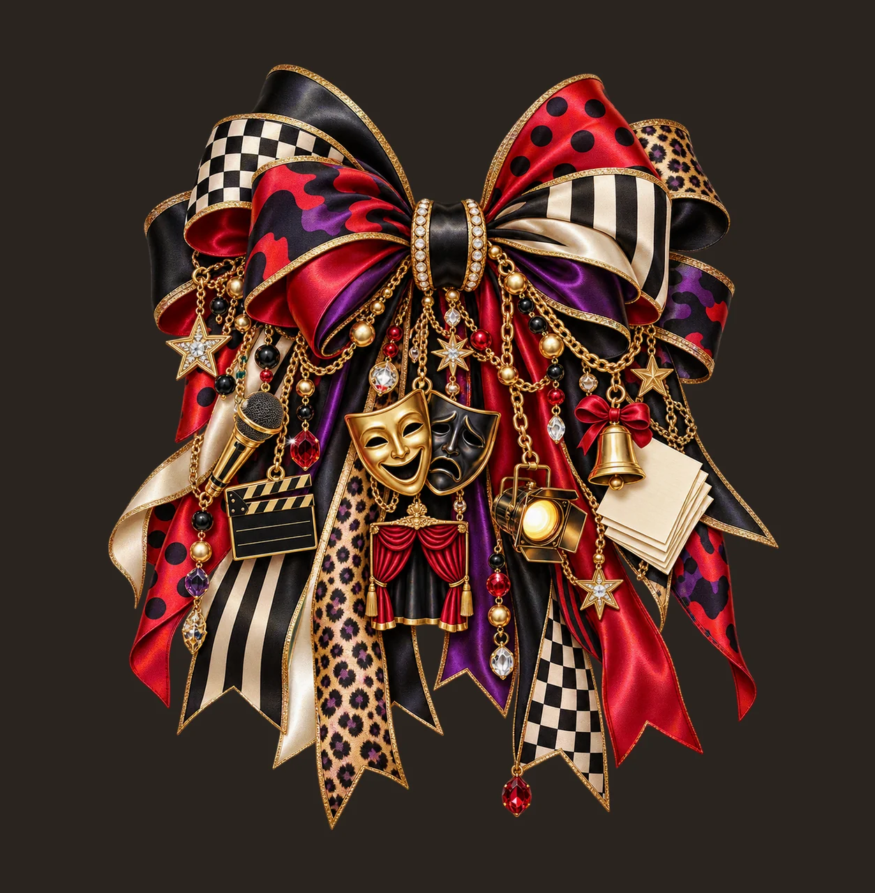 Drama Teacher Bow Charm PNG, Themed Gold Chain Charms, Coquette Ribbon Sublimation Design, Transparent Digital Download contrast preview thumbnail