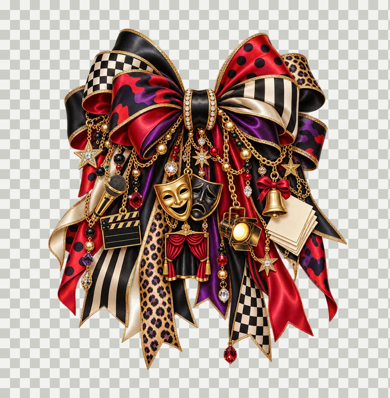 Drama Teacher Bow Charm PNG, Themed Gold Chain Charms, Coquette Ribbon Sublimation Design, Transparent Digital Download transparency and detail preview thumbnail