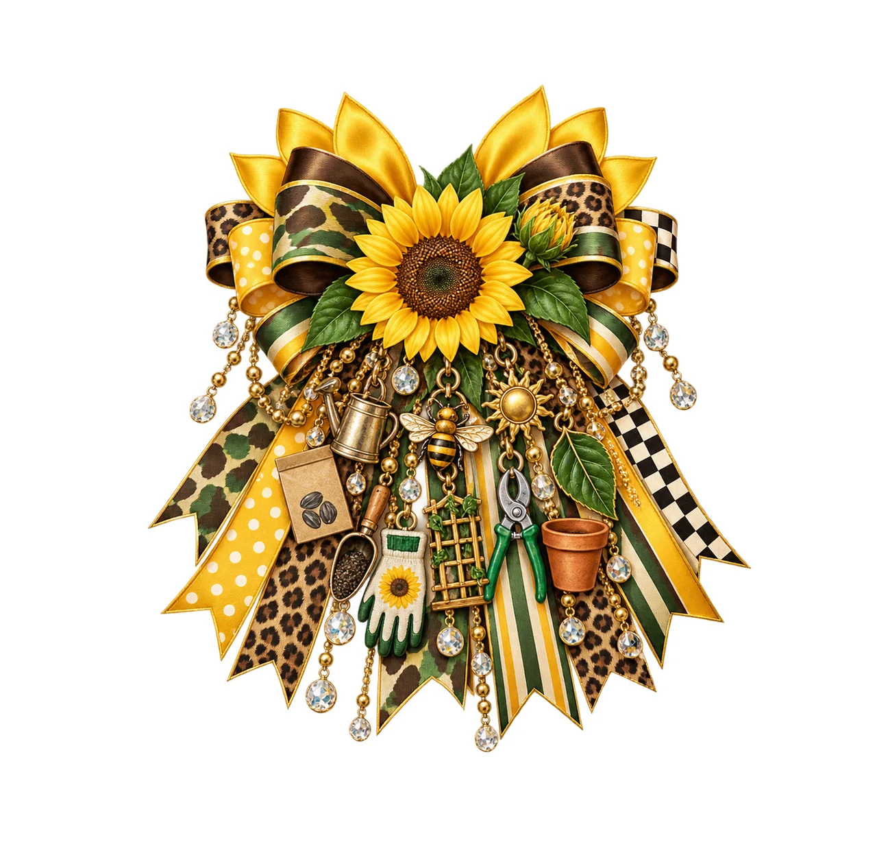 Sunflower Lover Bow Charm PNG, Gold Chain Charms, Transparent Sublimation Design, Digital Download