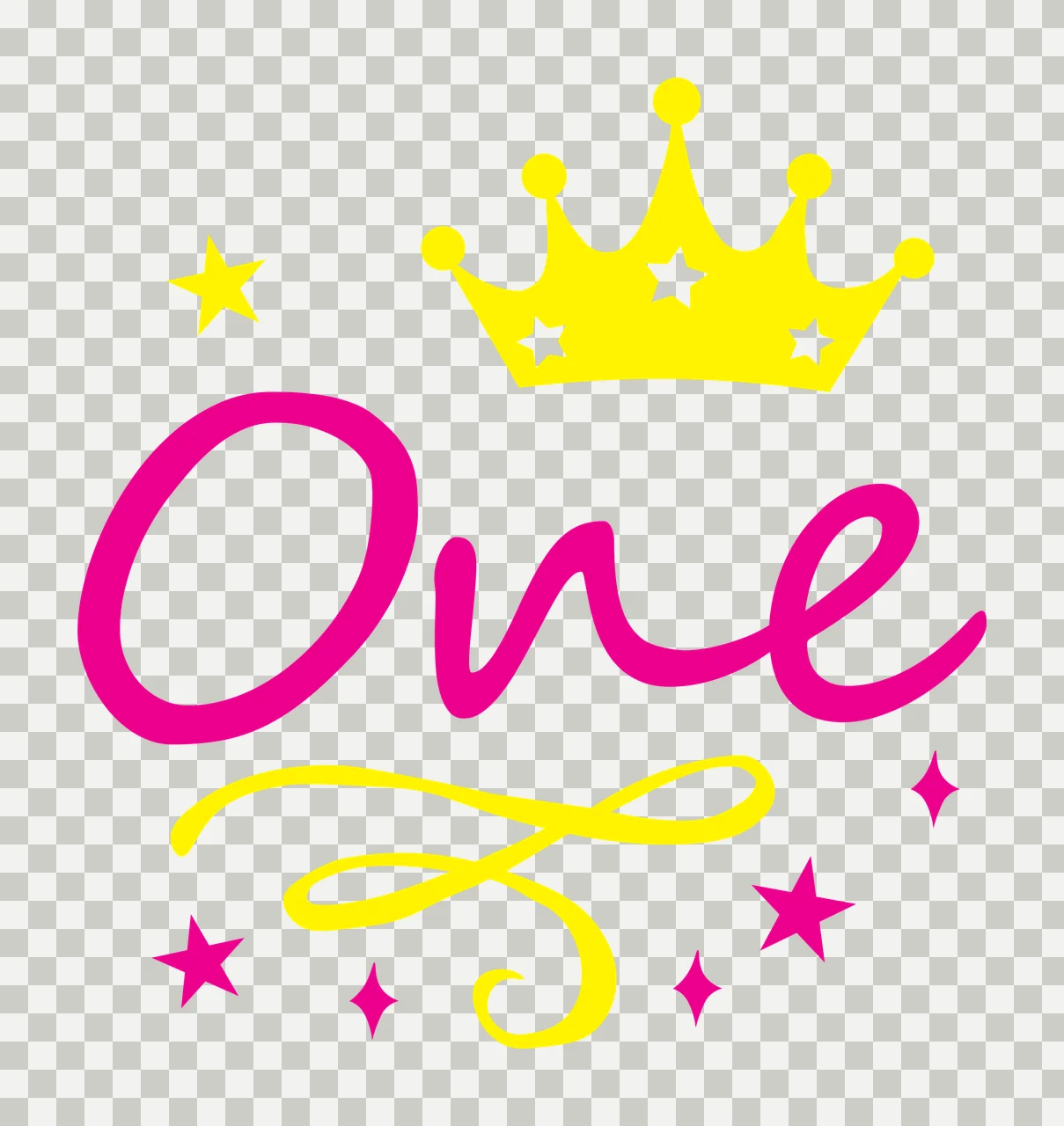 One First birthday Design with pink cursive text, yellow crown, white stars and yellow star transparency and detail preview thumbnail
