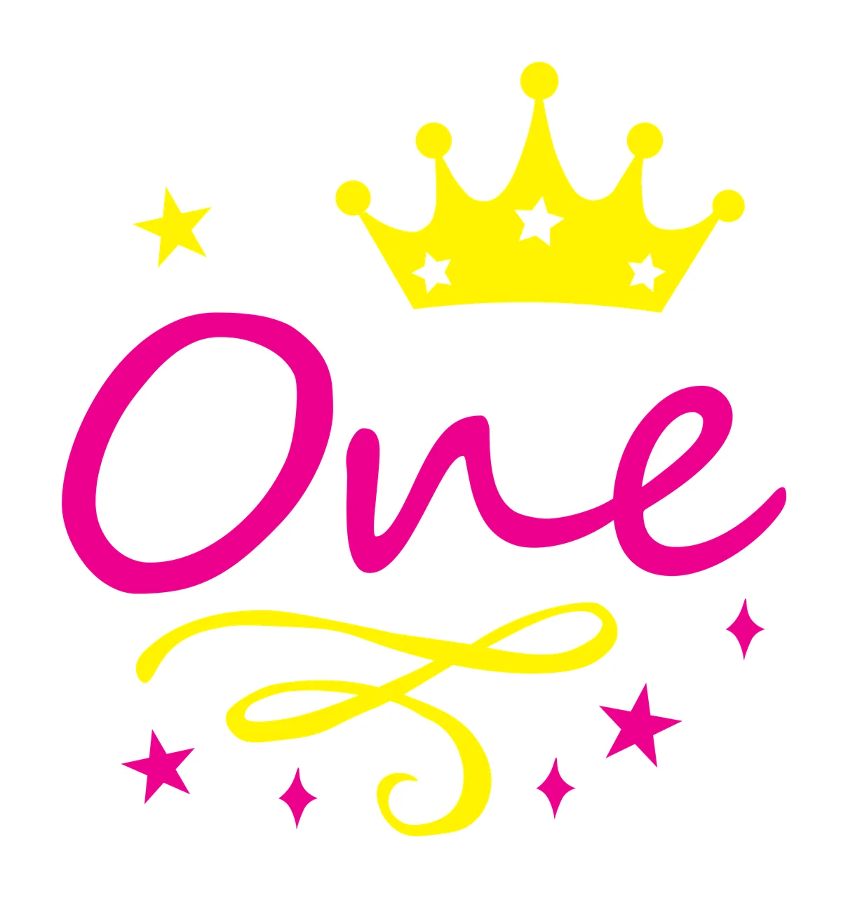 One First birthday Design with pink cursive text, yellow crown, white stars and yellow star