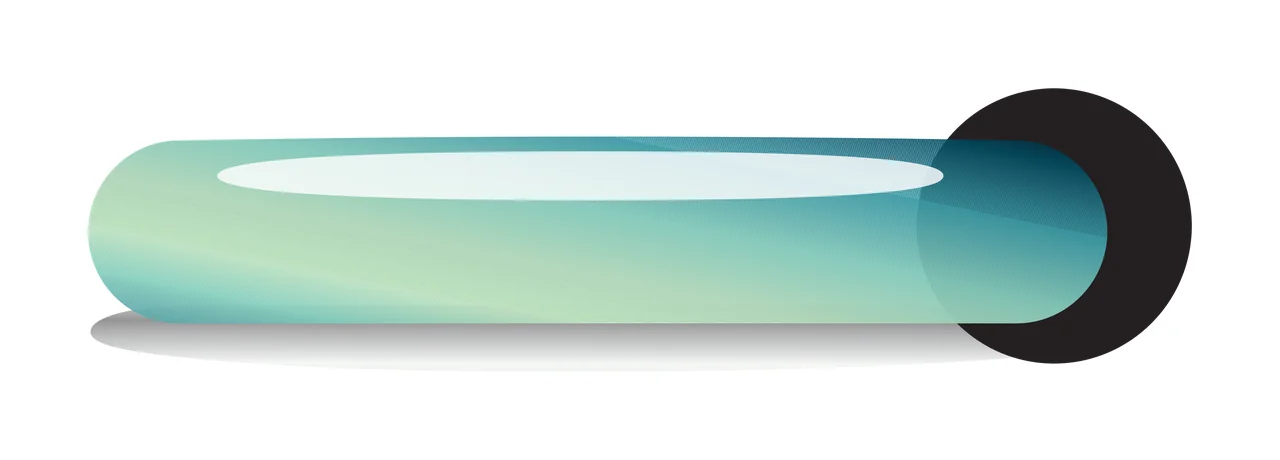 Horizontal UI bar element Illustration with capsule shape, black circular ring, glossy highlight and shadow in teal, green and blue