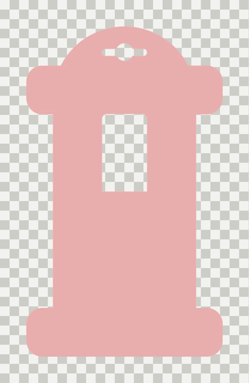 Silhouette Design of pink packaging tag template with hang tag silhouette, euro slot hole, rectangular window cutout and rounded dome top in dusty rose pink and white transparency and detail preview thumbnail