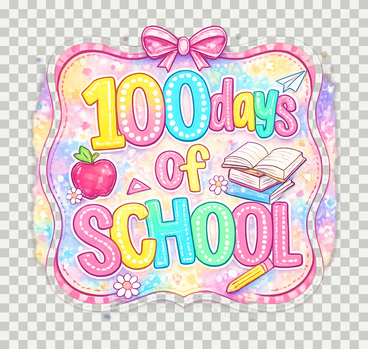 100 Days Of School Pink Checkered Bow Retro School Design transparency and detail preview thumbnail
