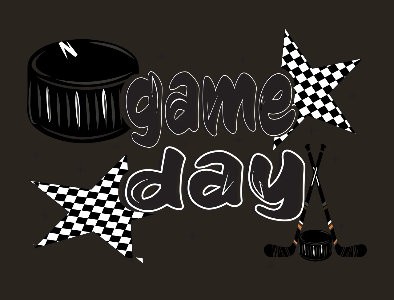Game Day Hockey Design with Crossed Sticks, Pucks, and Stars, Bubble Lettering Sport Quote Silhouette in Black and White contrast preview thumbnail