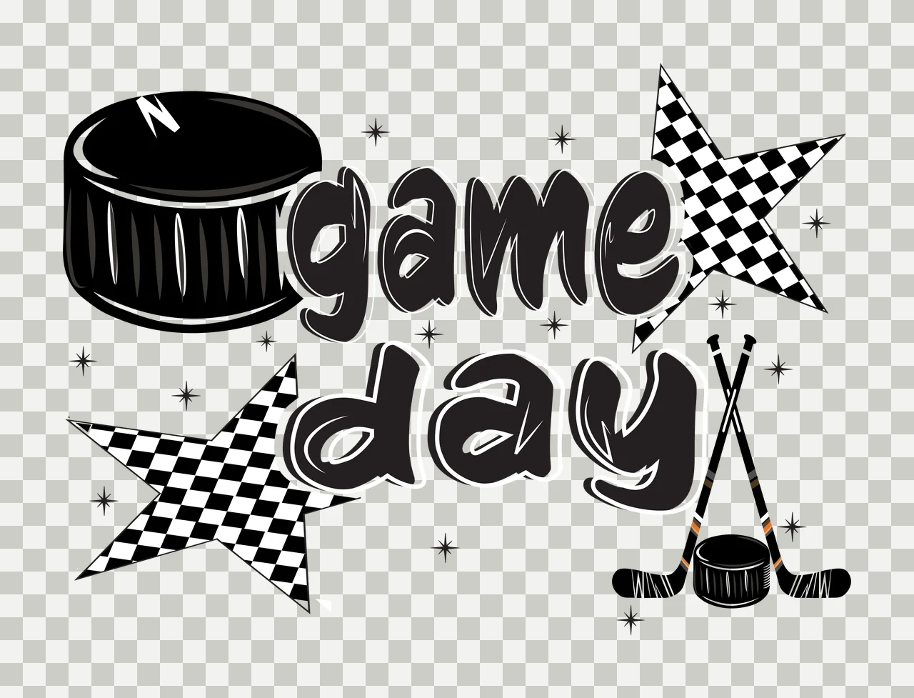 Game Day Hockey Design with Crossed Sticks, Pucks, and Stars, Bubble Lettering Sport Quote Silhouette in Black and White transparency and detail preview thumbnail