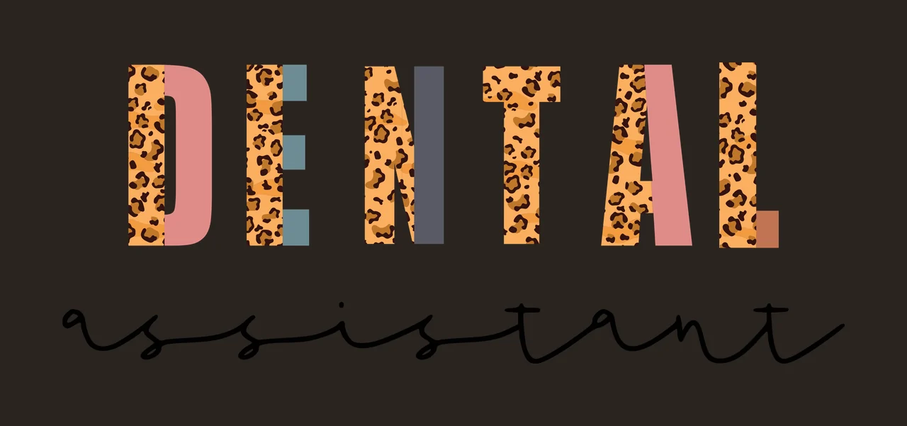 DENTAL assistant Typography Design with leopard print, block letters, script font and split colors in pink, teal and grey contrast preview thumbnail