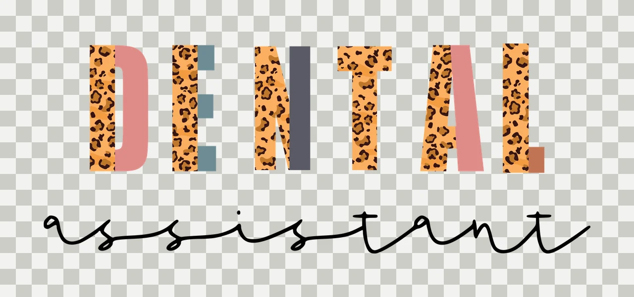 DENTAL assistant Typography Design with leopard print, block letters, script font and split colors in pink, teal and grey transparency and detail preview thumbnail