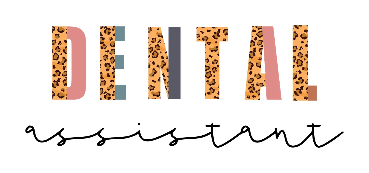 DENTAL assistant Typography Design with leopard print, block letters, script font and split colors in pink, teal and grey