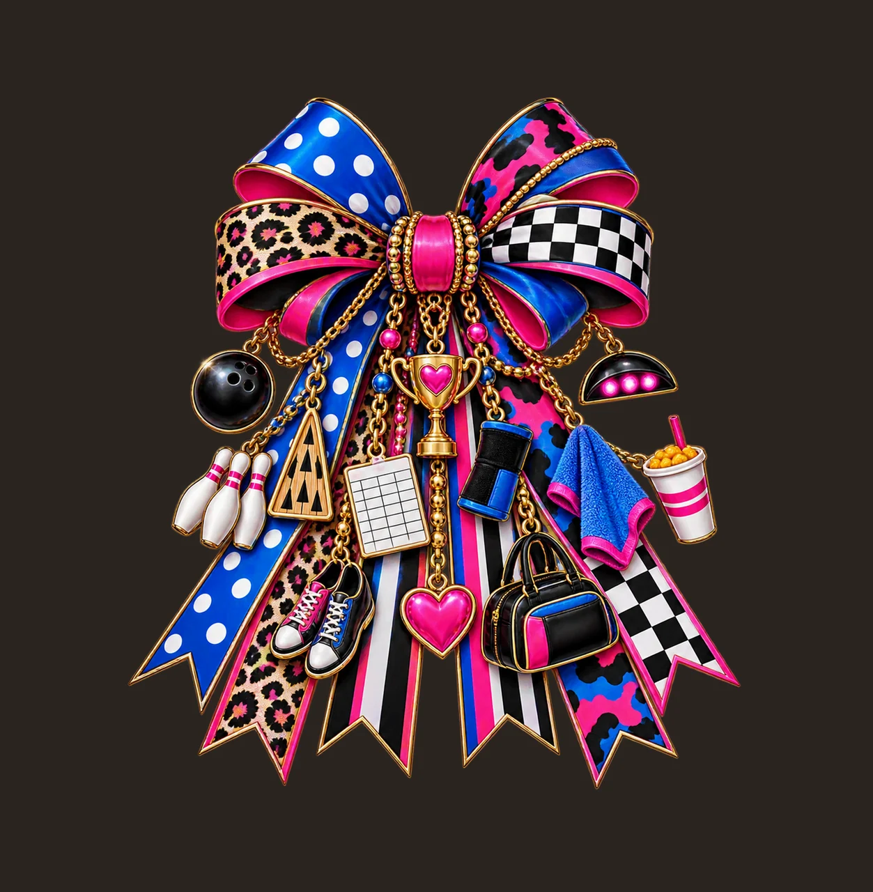 Bowling Mom Bow Charm PNG, Themed Gold Chain Charms, Coquette Ribbon Sublimation Design, Transparent Digital Download contrast preview thumbnail