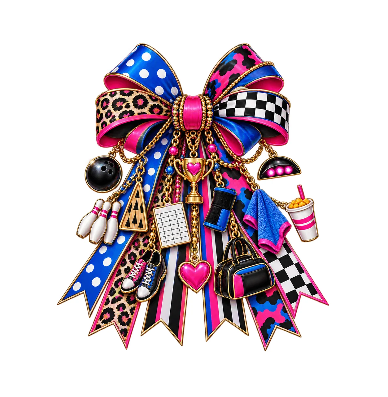 Bowling Mom Bow Charm PNG, Themed Gold Chain Charms, Coquette Ribbon Sublimation Design, Transparent Digital Download