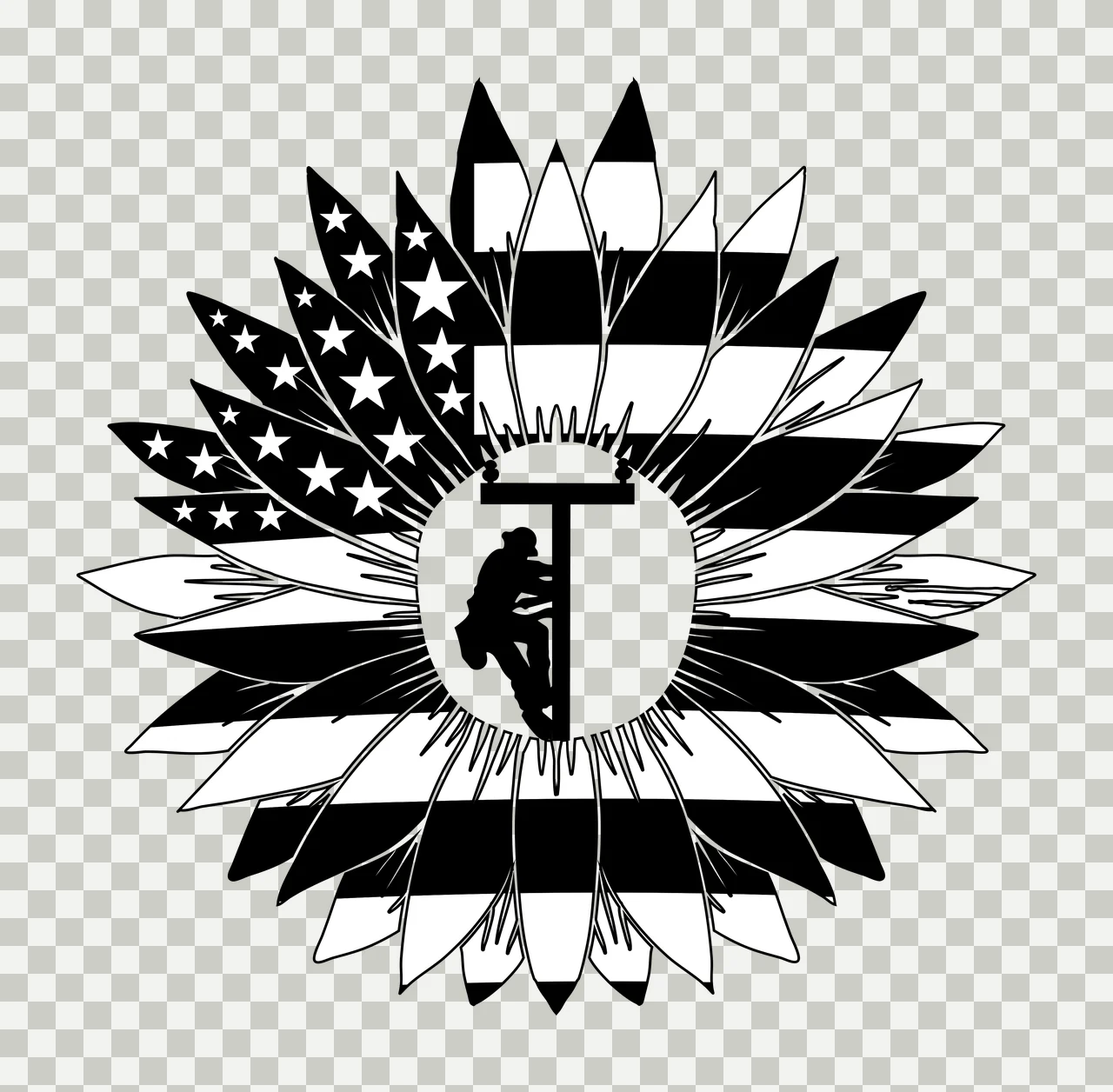 Lineman silhouette inside sunflower with American flag pattern Illustration with utility pole, stars and stripes in black and white transparency and detail preview thumbnail