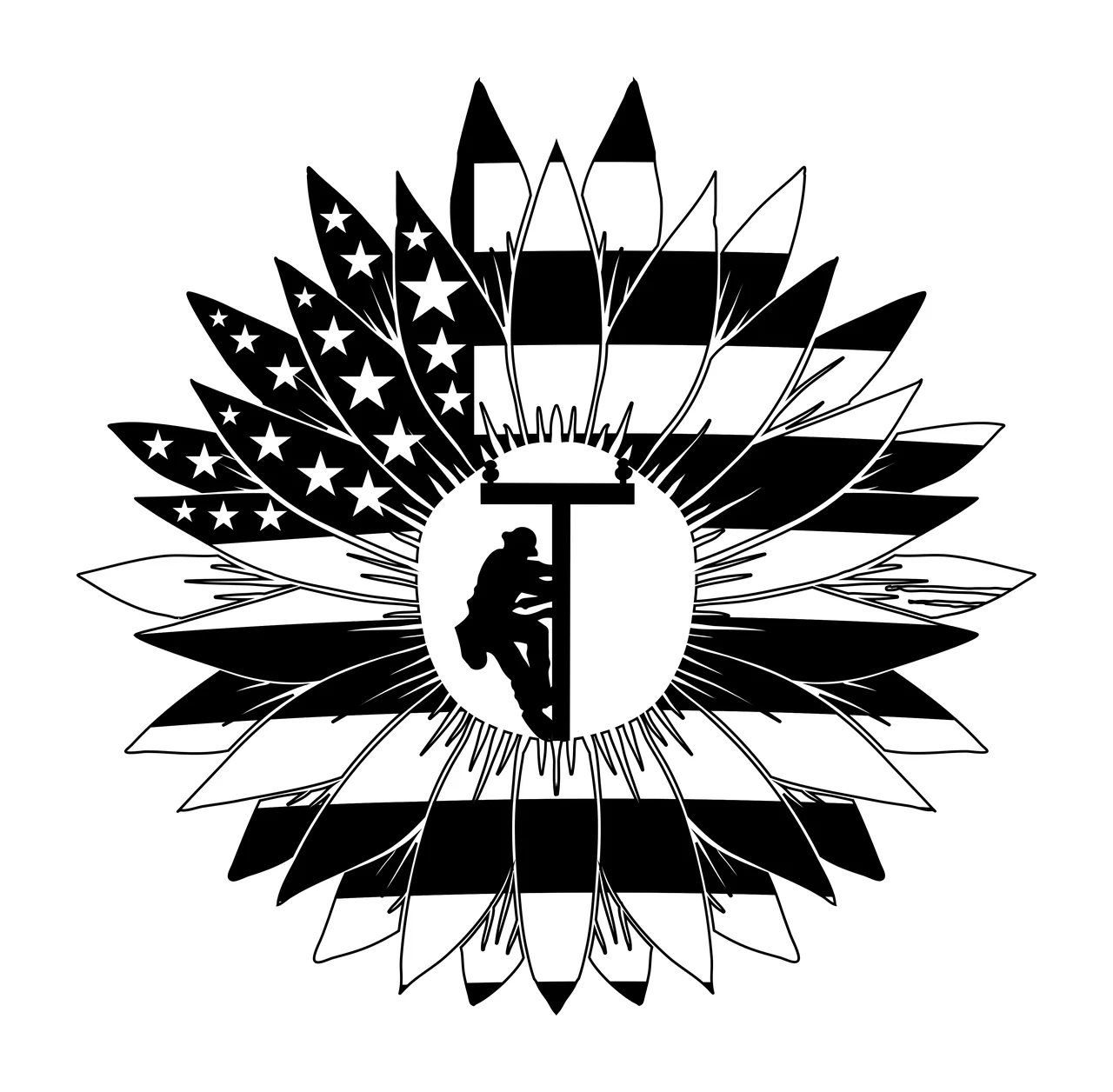 Lineman silhouette inside sunflower with American flag pattern Illustration with utility pole, stars and stripes in black and white