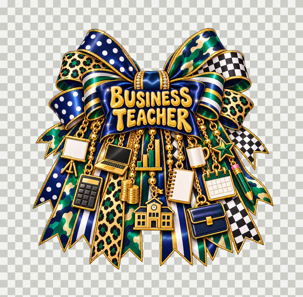 Business Teacher Bow Charm PNG, Gold Chain Charms, Transparent Sublimation Design, Digital Download transparency and detail preview thumbnail