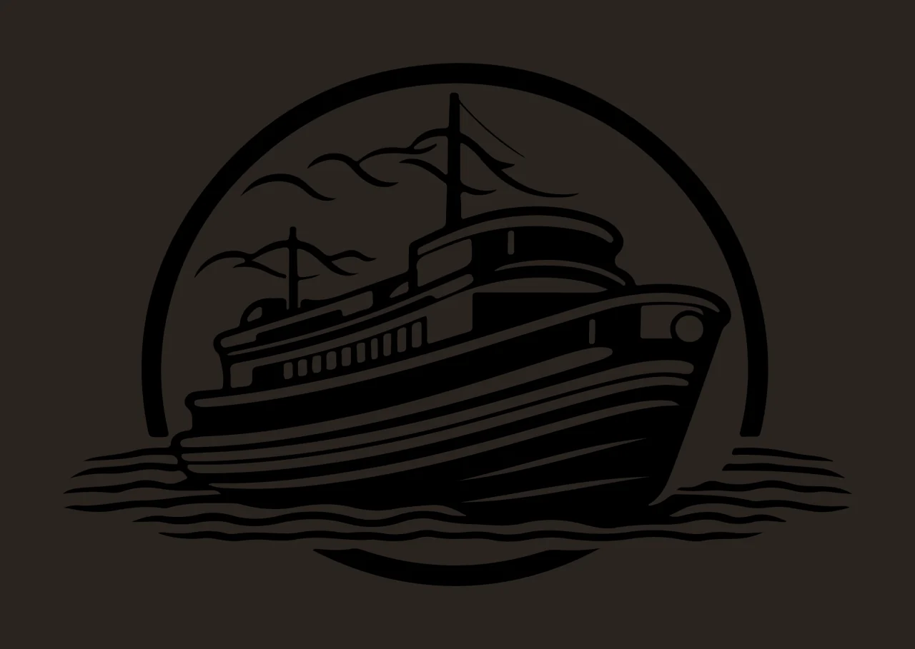 Ship Ferry In Circular Frame floating water clouds circle line art contrast preview thumbnail
