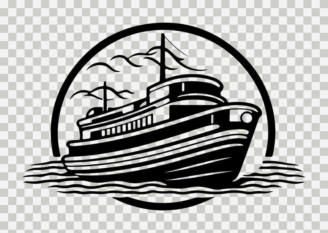 Ship Ferry In Circular Frame floating water clouds circle line art transparency and detail preview thumbnail