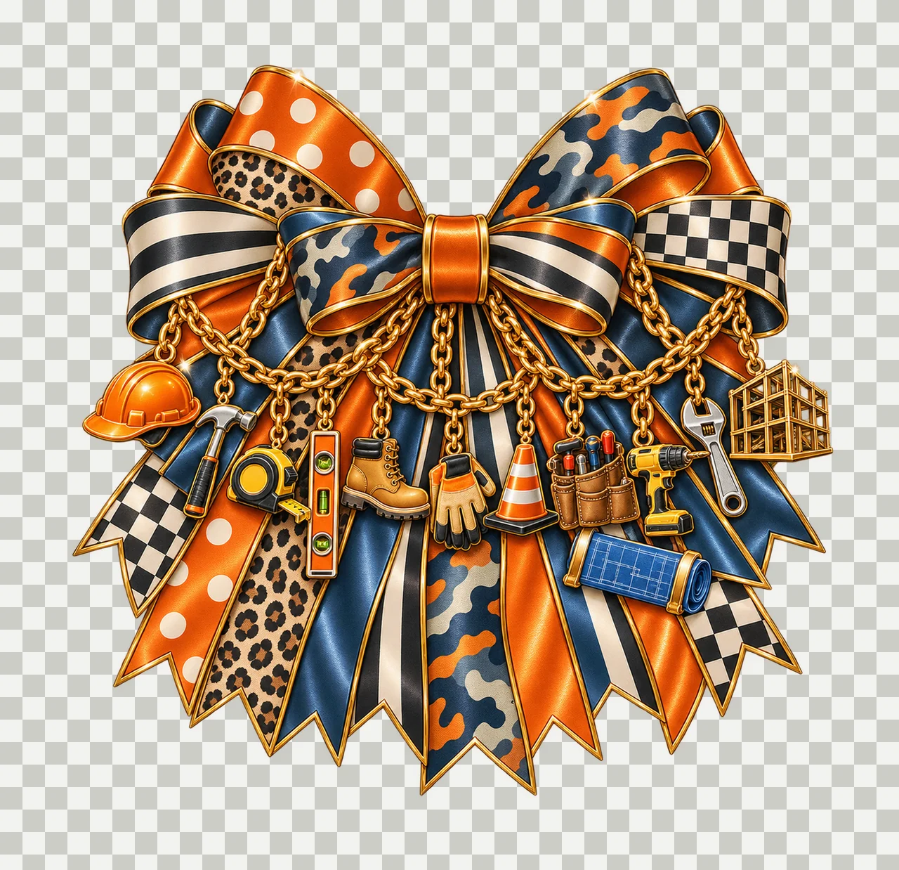 Construction Worker Bow Charm PNG, Gold Chain Charms, Transparent Sublimation Design, Digital Download transparency and detail preview thumbnail
