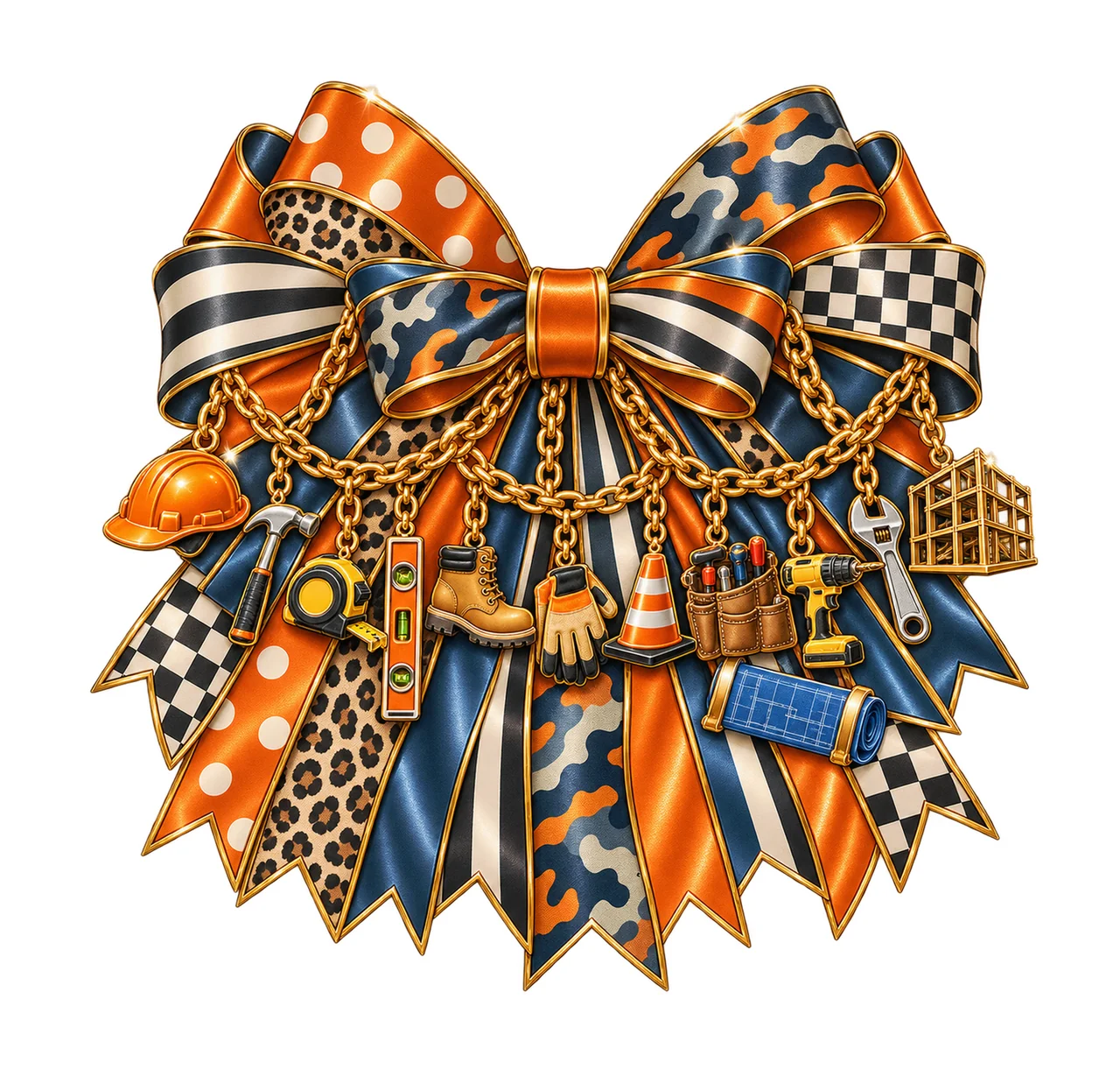 Construction Worker Bow Charm PNG, Gold Chain Charms, Transparent Sublimation Design, Digital Download