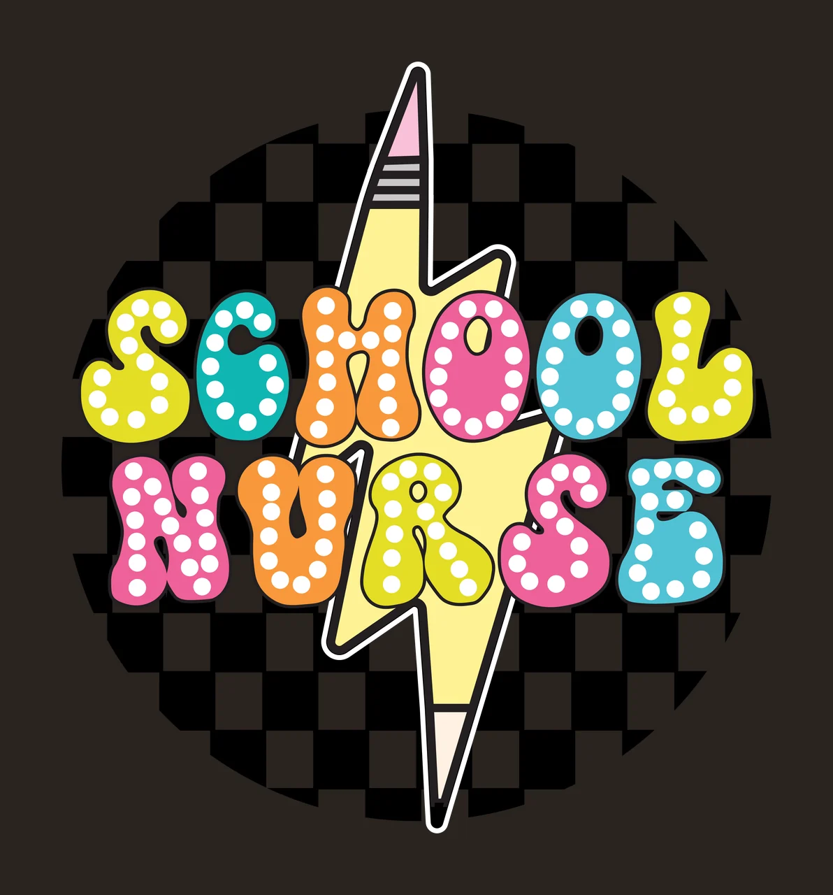 SCHOOL NURSE School Nurse logo design with black-and-white checkered circular background, yellow lightning bolt with pencil tip, text 'SCHOOL NURSE' in marquee- letters with white dots and white dots contrast preview thumbnail