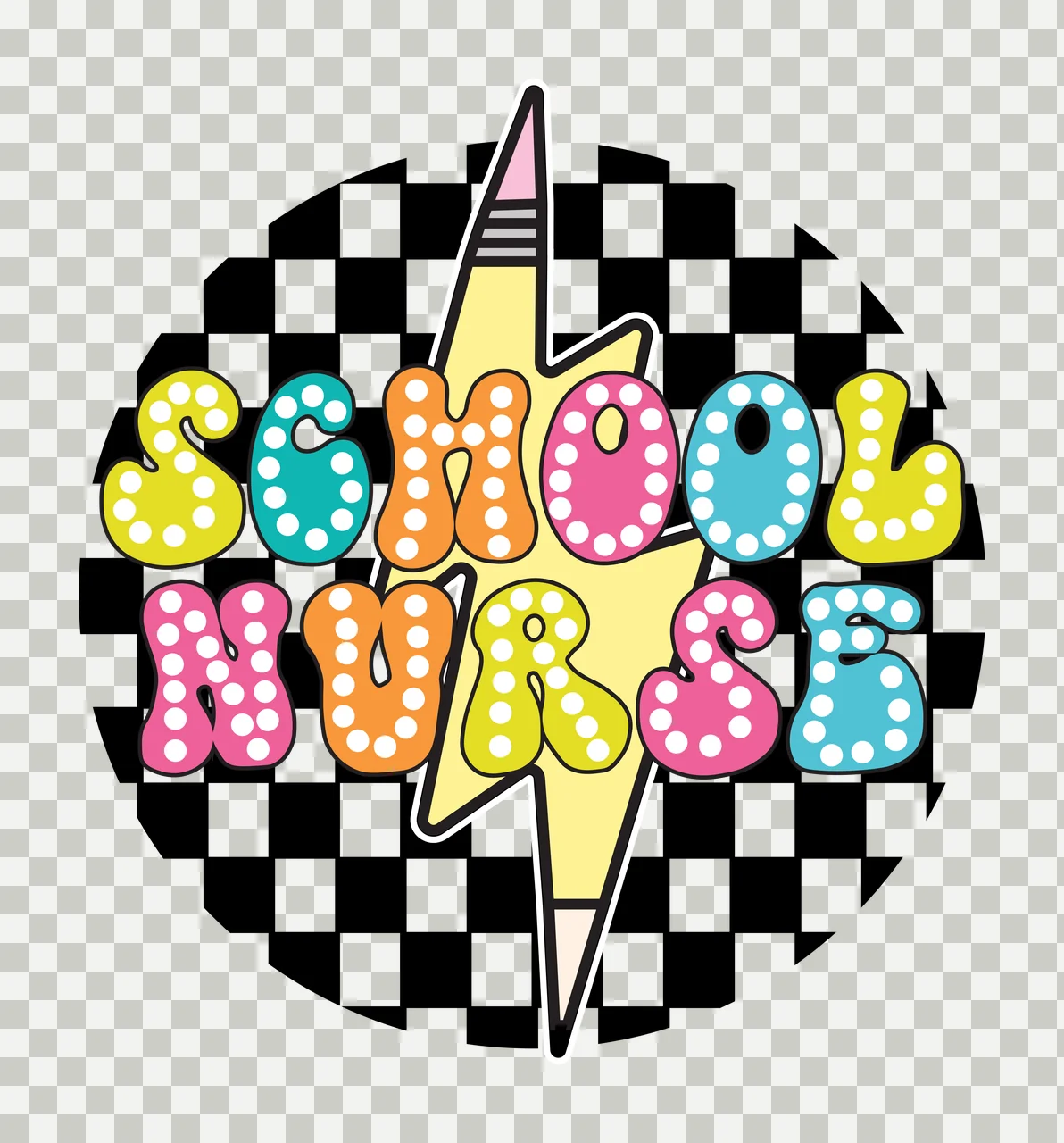 SCHOOL NURSE School Nurse logo design with black-and-white checkered circular background, yellow lightning bolt with pencil tip, text 'SCHOOL NURSE' in marquee- letters with white dots and white dots transparency and detail preview thumbnail