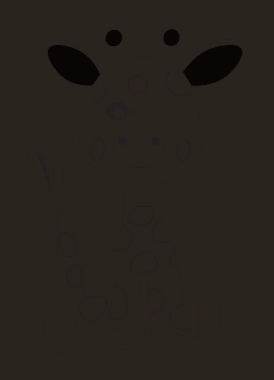 Line Art Illustration of Winking cartoon giraffe with spotted pattern holding a leaf with winking eye, spotted body, two horns and large ears in black and white contrast preview thumbnail