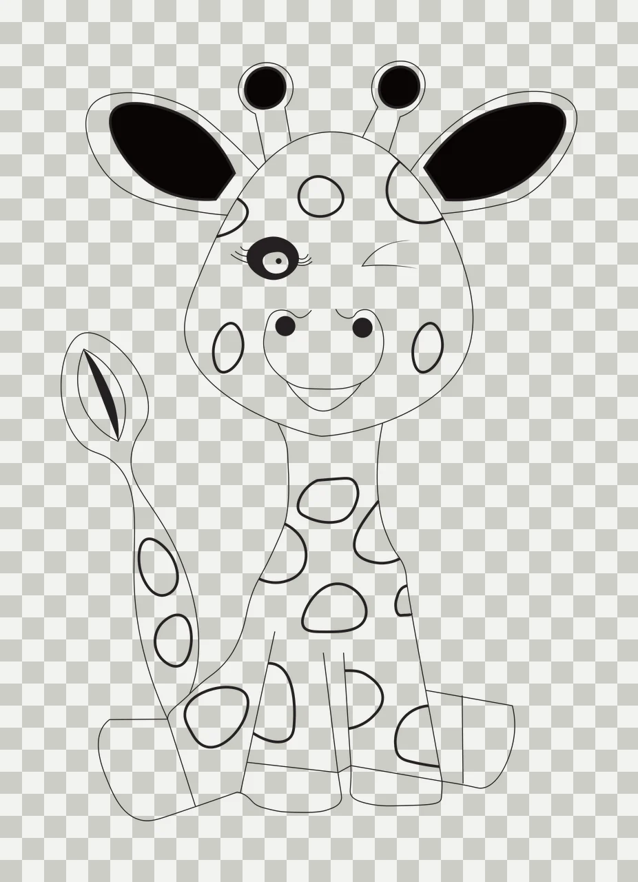 Line Art Illustration of Winking cartoon giraffe with spotted pattern holding a leaf with winking eye, spotted body, two horns and large ears in black and white transparency and detail preview thumbnail