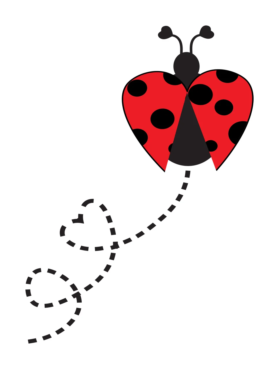 Ladybug with heart-shaped wings Illustration with red ladybug, black spots, black antennae and dashed black line