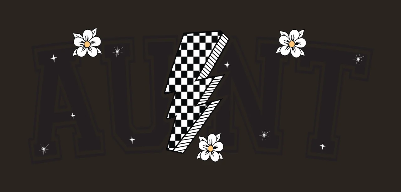 Aunt Text With Lightning And Flowers letters bolt black white contrast preview thumbnail