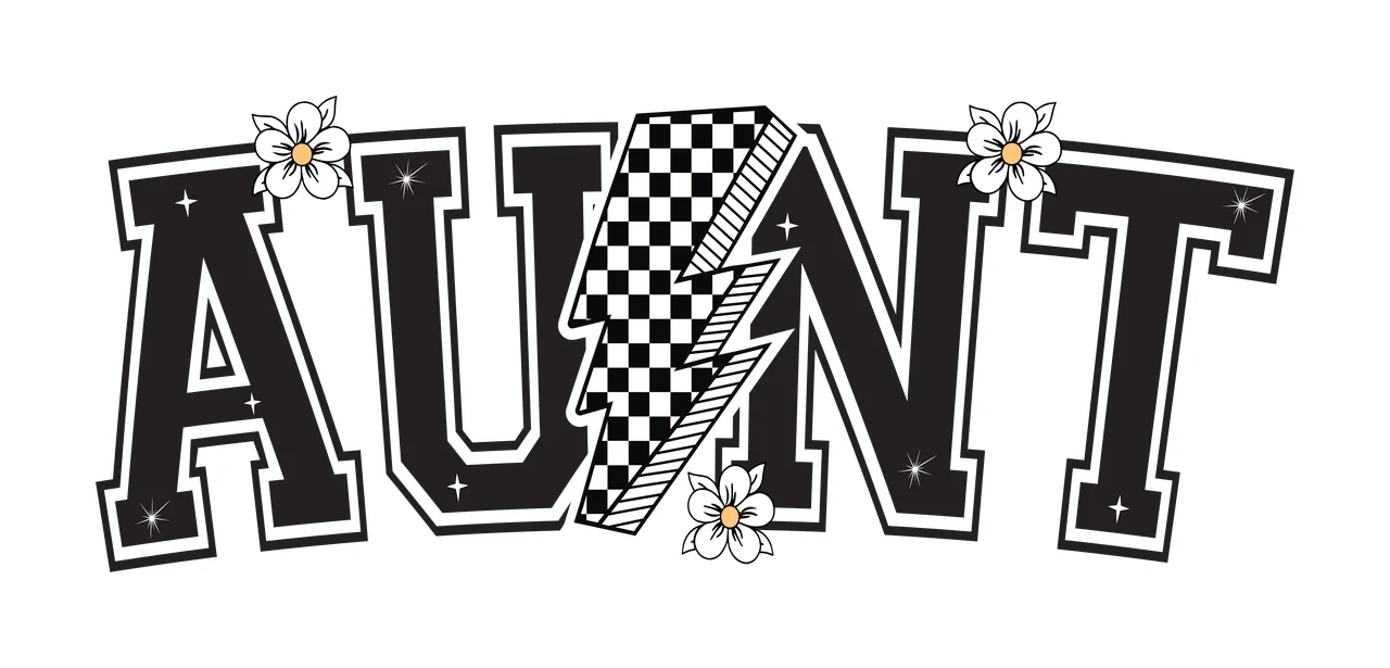 Aunt Text With Lightning And Flowers letters bolt black white
